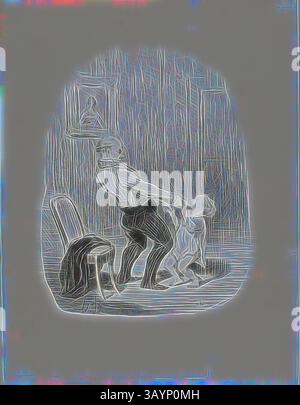 Un uomo sta con un cane accanto a lui, impegnato in un momento giocoso. L'ambiente presenta una camera accogliente con arredi semplici e un quadro incorniciato sulla parete, che aggiunge un tocco di calore alla scena. La prima lezione di danza, da Les Papas, 1848, Honoré Victorin Daumier, francese, 1808-1879, Francia, litografia in carta nera su tessuto bianco, 250 x 193 mm (immagine), 357 x 273 mm (foglio) Arte classica con un tocco moderno reinventata da Artotop Foto Stock