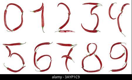 Numero 0, 1, 2, 3, 4, 5, 6, 7, 8, 9 realizzati dal peperoncino, con il tracciato di ritaglio Foto Stock