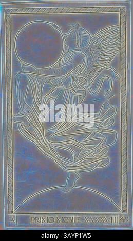 Una figura graziosa con ali delicate danzano tra foglie vorticose, cullando una grande sfera. Le linee intricate e la forma eterea evocano un senso di movimento e fantasia, creando un'atmosfera da sogno. L'Angelo della Nona sfera, o Primum Mobile, piatto 49 da pianeti e sfere, c. 1465, Maestro della serie e Tarocchi, italiano, attivo c. 1465, Italia, incisione in nero su carta posata abbronzata, 166 x 96 mm (immagine), 177 x 100 (piatto), 182 x 104 mm (foglio) Arte classica con un tocco moderno reinventata da Artotop Foto Stock