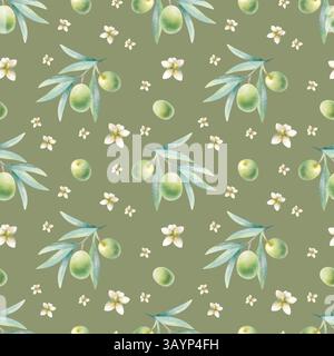 Rami di ulivo con foglie, frutta e fiori acquerello motivo senza cuciture su colore oliva scuro. Illustrazione botanica disegnata a mano con olive verdi per alimenti biologici e imballaggi cosmetici naturali. Foto Stock