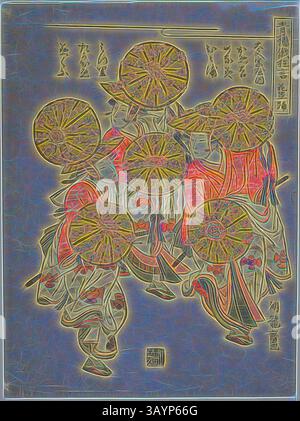 Una vibrante rappresentazione di ballerini tradizionali che reggono ombrelli ornati, che mostrano intricati costumi e movimenti dinamici. La scena è infonsa di un'energia artistica colorata, che riflette il patrimonio culturale e la celebrazione. La danza dei cappelli fioriti (Hanagasa odori), dalla serie Comic Performances from the Niwaka Festival in the Pleasure Quarters (Seiro niwaka kyogen), c. 1776/81, Isoda Koryusai, Japanese, 1735-1790, Giappone, stampa a blocchi di legno a colori, chuban, 10 1/8 x 7 1/2 poll. Arte classica con un tocco moderno reinventata da Artotop Foto Stock