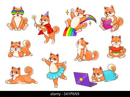 Cartoni animati shiba inu cuccioli di cane set di carini animali domestici giapponesi vettoriali. I simpatici cani shiba inu fanno la posa, il gioco e la danza. Felice paffuto Illustrazione Vettoriale