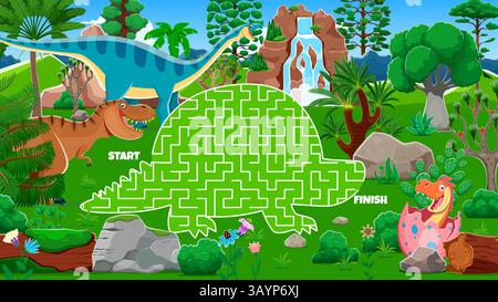 Gioco labirinto per bambini, aiuta la madre di dinosauro t-rex a trovare il suo foglio di lavoro vettoriale per bambini. Dino Animal silhouette puzzle quiz con labirinto mappa labirinto, auto Illustrazione Vettoriale