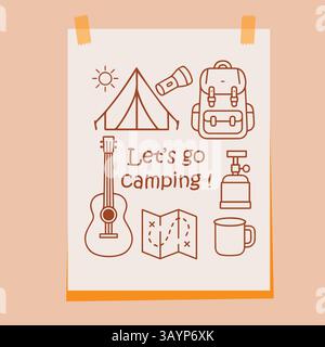 Poster da campeggio con le icone di una tenda zaino torcia chitarra mappa tazza fornello con il testo Lets Go Camping Design divertente per temi all'aperto e di viaggio Illustrazione Vettoriale