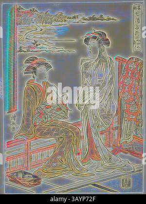 Due figure elegantemente vestite in abiti tradizionali conversano in una scena d'acqua serena. Uno contiene un ventilatore decorativo, mentre l'altro guarda con attenzione, incorniciato dalla natura e dai motivi delicati. L'atmosfera riflette un momento di grazia culturale e raffinatezza. Miyanoshita, dalla serie Seven Famous Hot Springs of Hakone (Hakone shichito meisho), c. 1780, Torii Kiyonaga, giapponese, 1752-1815, Giappone, stampa a blocchi di legno a colori, chuban, 25,9 x 18,8 cm arte classica con un tocco moderno reinventata da Artotop Foto Stock