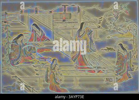 Una scena tranquilla raffigura figure elegantemente vestite impegnate in varie attività in un tranquillo giardino, circondato da intricate architetture ed elementi naturali, che enfatizzano l'armonia e la ricchezza culturale. The First Calligraphy of the New Year (Kissho hajime), tratto dal libro illustrato Colors of the Triple Dawn (Saishiki mitsu no asa), c. 1787, Torii Kiyonaga, Japanese, 1752-1815, Giappone, stampa a blocchi di legno a colori, oban, pagina da un libro illustrato, 25,2 x 38,0 cm arte classica con un tocco moderno reinventata da Artotop Foto Stock