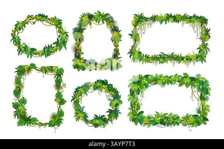 Jungle liana incornicia un set di foglie di palma tropicale e piante della foresta pluviale, sfondi vettoriali. Cornici quadrate e rotonde di palme tropicali della foresta pluviale Illustrazione Vettoriale