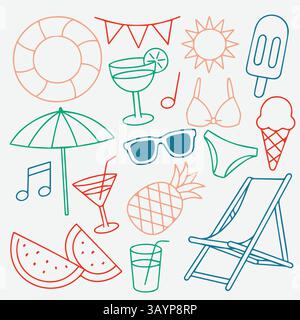 Colorata arte della linea d'estate e elementi da festa in piscina, tra cui bevande, bikini, gelato, ombrello, occhiali da sole, frutta, sole e note musicali. Illustrazione Vettoriale