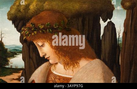 San Domenico in adorazione del crocifisso - affresco - Beato Angelico -1442 - Firenze, Convento di San Marco, chiostro di S. Antonino Foto Stock