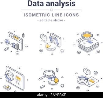 Icone delle linee isometriche che rappresentano vari aspetti dell'analisi dei dati, tra cui grafici, grafici e infografiche. Set di illustrazioni vettoriali moderne Illustrazione Vettoriale