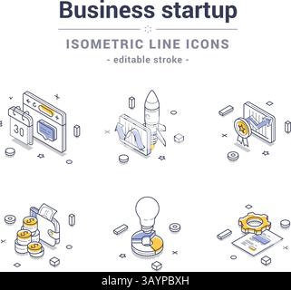 Raccolta di icone di linea isometriche che rappresentano diversi concetti di startup aziendali, tra cui finanza, analisi, innovazione e realizzazione. Vec. Moderna Illustrazione Vettoriale