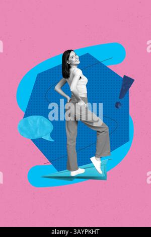 Collage di modelli creativi di una persona che posa un piano di carta con commenti su sfondo rosa Foto Stock
