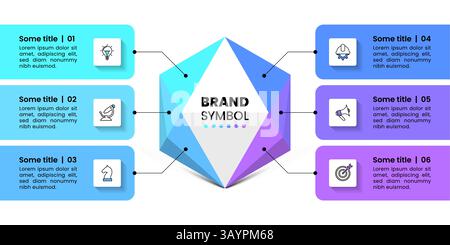 Modello infografico con icone e 6 opzioni o passaggi. Esagonale. Può essere utilizzato per il layout del flusso di lavoro, il diagramma, il banner, il webdesign. Illustrazione vettoriale Illustrazione Vettoriale