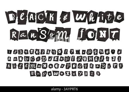 Collage di riscatto font bianco e nero. Lettere, numeri su rottami di carta, pezzi di giornali, note anonime, stile ritagliato, silhouette isolata Illustrazione Vettoriale