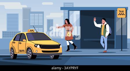 Persone che aspettano il taxi. I passeggeri prendono l'auto alla fermata dell'autobus, i mezzi pubblici della città, ragazzi e ragazze si affrettano a salire in un'auto gialla, uomini e donne in un appartamento cartoni animati Illustrazione Vettoriale