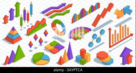 Grafici aziendali isometrici. Progettazione di infografiche, presentazioni visive elementi colorati, grafici, diagrammi e torte, presentazione statistica Illustrazione Vettoriale