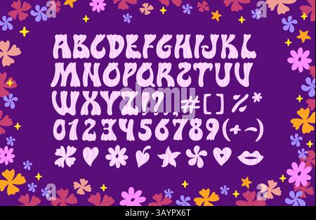 Carattere scanalato. Carattere psichedelico hippie retro, caratteri hippie hippy anni '1960 e '1970, alfabeto colorato e arrotondato per il design di banner per poster Illustrazione Vettoriale