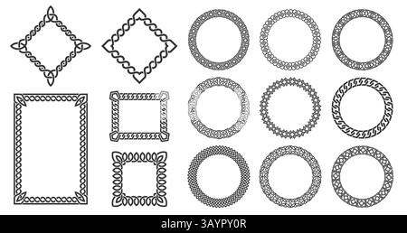 Cerchi celtici. Cornici circolari annodate, nodo vichingo a bordo rotondo, cornici decorative con antichi nodi celtici a treccia, ornamentali tribali medievali Illustrazione Vettoriale