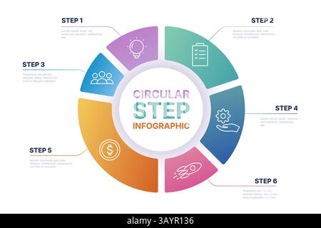 Infografica del grafico a torta. Diagramma circolare a gradini, moderni diagrammi rotondi con 5 passaggi, elementi grafici circolari astratti per la presentazione aziendale. Torta vettoriale Illustrazione Vettoriale