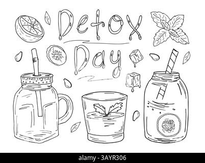 Un grande set di bicchieri per cocktail, frullati, menta, cetrioli, ingredienti agrumati, cubetti di ghiaccio. Lettere a mano Detox Day. Un insieme di elementi per la progettazione di banner e menu. Illustrazioni vettoriali nel doodle Illustrazione Vettoriale