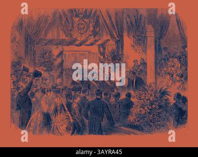 Un incontro formale con un gruppo di distinti individui, adornati con un abbigliamento elegante, in un ambiente riccamente decorato pieno di piante e drappeggi ornati. Figure di spicco si impegnano in una conversazione, mentre il pubblico osserva, catturando un momento di significato e cerimonia. Arrivo del Sultano di Turchia a Parigi: L'Imperatore Napoleone e il Sultano alla stazione ferroviaria di Lione Francia 1867 Arte classica con un tocco moderno reinventata da Artotop Foto Stock
