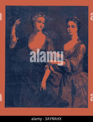 Due donne elegantemente vestite stanno fianco a fianco, una con un fiore, l'altra con una rosa, che incarna un senso di grazia e cameratismo. Il loro abbigliamento riflette un'opulenza storica, suggerendo un momento di raffinata bellezza e incontri sociali. La signorina Blount, nella National Portrait Exhibition South Kensington Londra Regno Unito 1867 Arte classica con un tocco moderno reinventata da Artotop Foto Stock