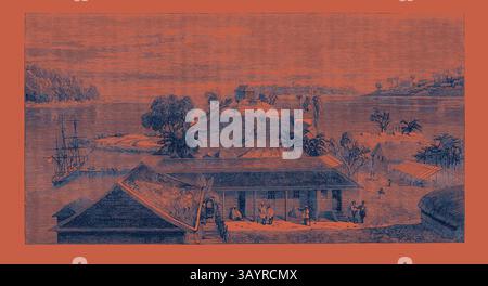 Un tranquillo scenario costiero caratterizzato da un pittoresco insediamento lungo la riva, con barche attraccate nelle vicinanze. Palme e vegetazione lussureggiante fanno da cornice al paesaggio, mentre le persone si impegnano in attività quotidiane intorno a strutture semplici. In lontananza, si erge un edificio di rilievo che aggiunge fascino a questo ambiente idilliaco. Port Blair South Andaman Island Bay of Bengal 1867 Arte classica con un tocco moderno reinventata da Artotop Foto Stock