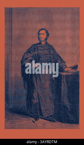 Un uomo in abbigliamento formale si trova con fiducia accanto a un tavolo, coinvolgendo lo spettatore con un'espressione premurosa. Lo sfondo è caratterizzato da sottili texture, che esaltano l'atmosfera vintage della scena. Dr. Ainger preside del St. Bees College Cumberland 1862 arte classica con un tocco moderno reinventata da Artotop Foto Stock