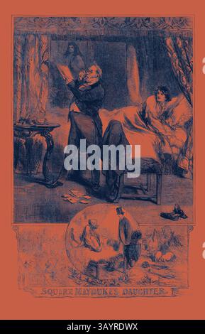 Una scena drammatica si svolge in un ambiente di epoca vittoriana, con un gentiluomo che legge con passione un libro mentre una donna lo osserva da un letto, immerso nel pensiero. Sotto, una vignetta circolare cattura un gruppo di uomini all'aperto, impegnandosi in varie attività in mezzo alla natura, suggerendo temi di compagnia e vita rurale. L'interazione di personaggi e ambientazioni suggerisce una narrazione di amore o intrighi. La figlia di Squire Mayduke arte classica con un tocco moderno reinventata da Artotop Foto Stock