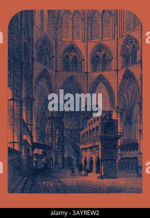 Un grandioso interno della cattedrale presenta archi svettanti e intricati lavori in pietra, immersi in tonalità calde. All'interno, l'architettura medievale mostra dettagli ornamentali, con figure che si muovono delicatamente attraverso lo spazio, evocando un senso di storia e riverenza. Cappella e Santuario di Edoardo il Confessore Abbazia di Westminster Londra Regno Unito 1866 Arte classica con un tocco moderno reinventata da Artotop Foto Stock