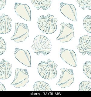 Motivo marino con silhouette blu di conchiglie: Rapana, capesante, cono. Vita subacquea dell'oceano. Atmosfera tropicale. Illustrazione vettoriale Illustrazione Vettoriale