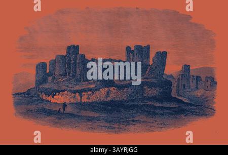 Le rovine di un antico castello si stagliano orgogliosamente su uno sfondo drammatico, con resti di alte mura e torri che fanno pensare a un passato storico. Una figura solitaria cammina in primo piano, aggiungendo un senso di scala e solitudine alla scena. Royal Archaeological Institute in Galles: Caerphilly Castle 1871 arte classica con un tocco moderno reinventata da Artotop Foto Stock