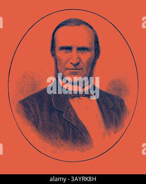 Un uomo solenne dall'espressione seria, con un abbigliamento formale, si erge in una cornice ovale. Ha importanti basette e guarda direttamente lo spettatore, trasudando un'aria di autorità e contemplazione. Lo sfondo presenta un motivo testurizzato che completa la sua presenza. Commendatore Grattoni ingegnere del Tunnel del Monte Cenis 1871 Arte classica con un tocco moderno reinventata da Artotop Foto Stock