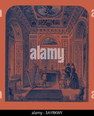 Un interno ornato di una grande sala, caratterizzato da intricate decorazioni sulle pareti e sul soffitto. Due figure elegantemente vestite conversano vicino a un'arpa, circondate da arredi sontuosi e dettagli artistici. Marie Antoinette's Boudoir South Kensington Museum Londra 1871 Arte classica con un tocco moderno reinventata da Artotop Foto Stock