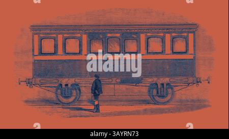 Un tram d'epoca si erge in cima a una pista, caratterizzato da dettagli intricati ed elementi di design classici. Una figura in abbigliamento d'epoca regge una piccola cassa, osservando il veicolo con un senso di nostalgia. Her Majesty's Carriage on the London and North-Western Railway Classic art con un tocco moderno reinventato da Artotop Foto Stock