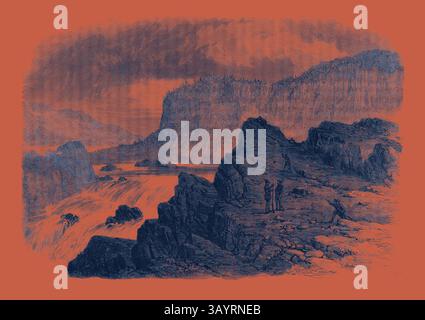 Un paesaggio spettacolare caratterizzato da torreggianti scogliere e un fiume turbolento, dove le figure si stagliano su un terreno roccioso, immersi nell'impressionante paesaggio naturale. Il cielo si staglia sopra la testa, suggerendo una tempesta in avvicinamento, mentre l'acqua a cascata aggiunge un senso di movimento ed energia alla scena. La guerra civile in America: Le grandi cascate del Potomac arte classica con un tocco moderno reinventata da Artotop Foto Stock