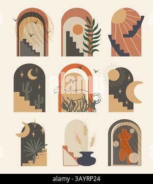 Set di varie forme e oggetti disegnati a mano. Collezione di elementi vettoriali astratti della natura contemporanea. Elementi isolati per social media, stampa, stic Illustrazione Vettoriale