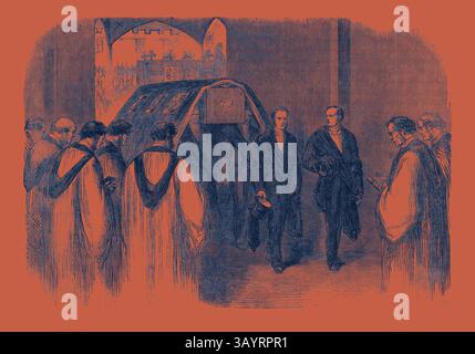 Un gruppo di figure solenni in abiti elaborati si riunisce intorno a una bara, mentre un uomo conduce la processione. L'ambientazione suggerisce una cerimonia formale, con un'enfasi sul rispetto e la riverenza. Ricevimento del corpo da parte del Clero all'ingresso della Cappella di San Giorgio il funerale di sua altezza reale il Principe consorte Principe Alberto Arte classica con un tocco moderno reinventato da Artotop Foto Stock