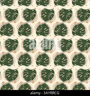 Motivo tropicale senza cuciture con elementi di foglie di monstera. Illustrazione estetica astratta a foglia minimalista Illustrazione Vettoriale