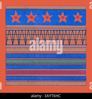 Un vivace design geometrico caratterizzato da righe alternate di strisce colorate, stelle e motivo a zigzag, che creano un ritmo visivo audace e divertente. Ornamento egiziano arte classica con un tocco moderno reinventato da Artotop Foto Stock