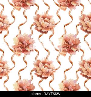 Garofani rossi e motivo a nastro senza cuciture. Illustrazione ad acquerello disegnata a mano isolata. Per biglietti d'auguri per la festa della mamma, il compleanno, la carta da imballaggio, Foto Stock