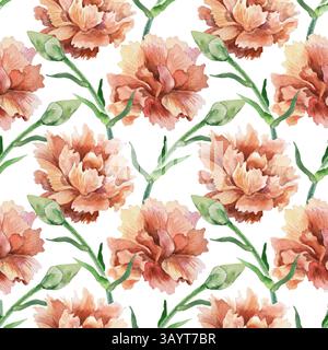 Garofani rossi con motivo senza cuciture. Fiori e gemme. Illustrazione ad acquerello disegnata a mano isolata. Biglietti d'auguri per la festa della mamma, il compleanno, il papa' da imballaggio Foto Stock