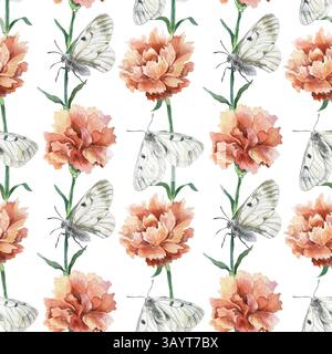 Garofani rossi e farfalle motivo senza cuciture. Illustrazione ad acquerello disegnata a mano isolata. Per biglietti d'auguri per la festa della mamma, il compleanno, la confezione Foto Stock