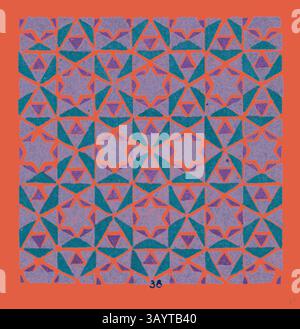 Un vivace motivo geometrico caratterizzato da un'intricata disposizione di triangoli e stelle in sfumature contrastanti di viola e blu su un audace sfondo arancione, creando un effetto visivo dinamico. Decorazione bizantina arte classica con un tocco moderno reinventata da Artotop Foto Stock