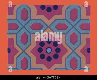 Un vivace motivo geometrico caratterizzato da un mix di forme e colori audaci, tra cui esagoni, stelle e cerchi, tutti intrecciati per creare un design accattivante. Decorazioni persiane arte classica con un tocco moderno reinventata da Artotop Foto Stock
