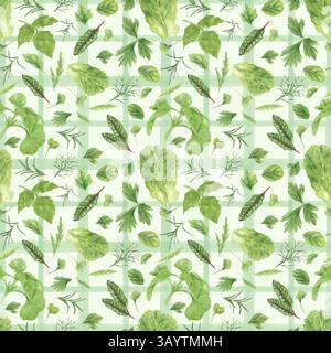 Foglie fresche di primavera microgreen acquerello motivo senza cuciture su sfondo a scacchi verde. Basilico, insalata di lattuga, barbabietola da bietola, rosmarino, aneto Foto Stock