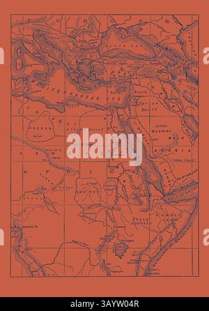 Una mappa riccamente dettagliata che presenta intricate linee topografiche e luoghi storici del Medio Oriente, con un impressionante sfondo arancione. La rappresentazione mette in evidenza varie caratteristiche geografiche e regioni, mostrando la complessità del paesaggio e il significato culturale della zona. MAPPA DELL'EUROPA SUDORIENTALE, DELL'ASIA occidentale E DELL'AFRICA SETTENTRIONALE E CENTRALE Arte classica con un tocco moderno reinventata da Artotop Foto Stock
