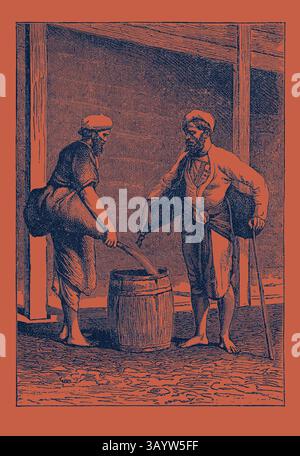 Due personaggi si impegnano in un compito laborioso, uno che versa un liquido da un recipiente in un barile, mentre l'altro osserva attentamente, appoggiandosi su un bastone. L'ambientazione suggerisce un contesto storico o industriale, sottolineando il loro impegno di cooperazione. Vettori d'acqua di Calcutta, India. Kolkata, o Calcutta, è la capitale dello Stato indiano del Bengala Occidentale. Arte classica con un tocco moderno reinventata da Artotop Foto Stock