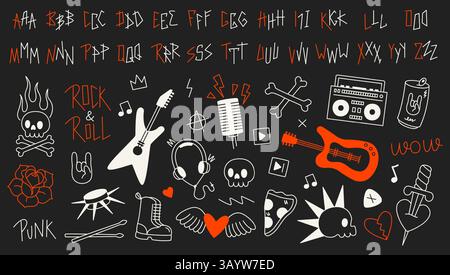Carattere Rock. Tipografia line punk con lettere maiuscole, graffiti Street art elementi di testo per band di musica gothic rock per la copertina del poster con logo tatuaggio Illustrazione Vettoriale