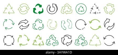 Icone di riciclo Doodle. Riutilizzare frecce di schizzo forme circolari, elementi di riciclaggio logo design, simboli riciclabili di protezione ambientale ecocompatibile, zero rifiuti Illustrazione Vettoriale